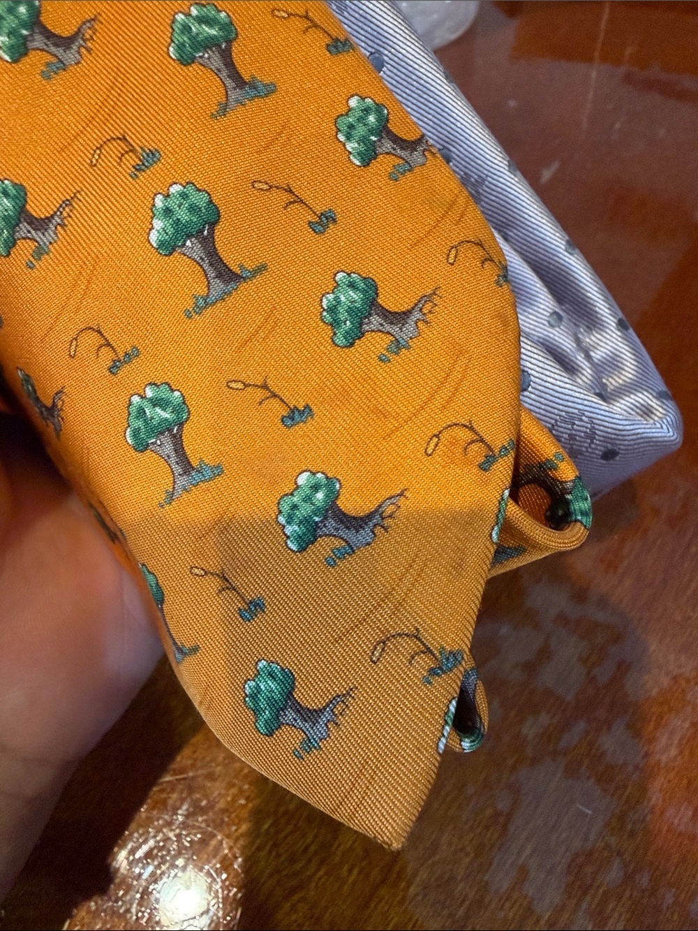 Vintage Hermes Orange Silk Tie with green Tree Motif - Picture 6 of 6